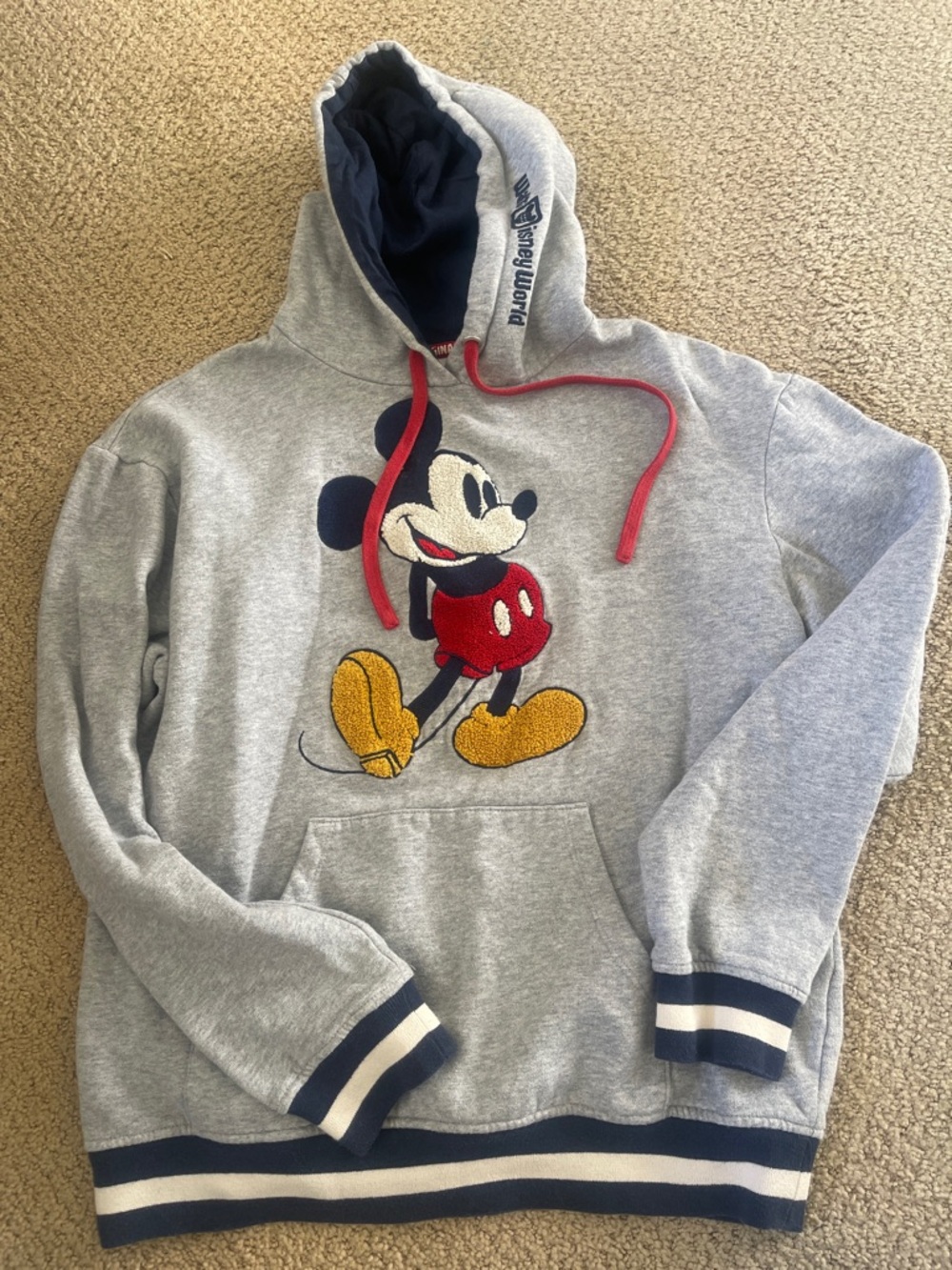 Disney Gray Mickey Mouse Hoodie with Red Drawcords and Yellow Boots